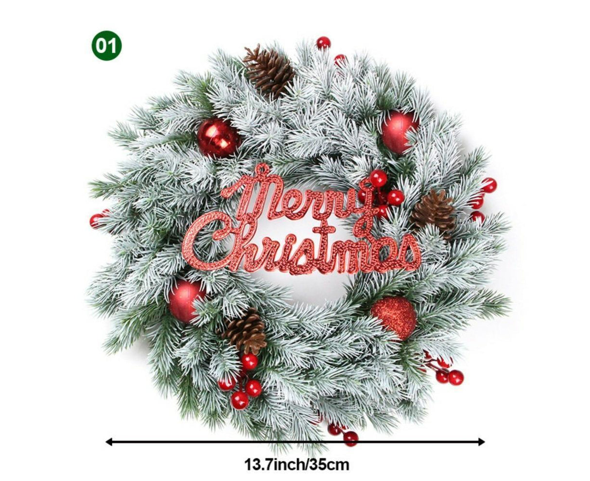 Christmas Wreaths for Front Door Xmas Art Decorations Thanksgiving Day Indoor Outdoor Home Decorative Wreath Red Flowers Pine Cones Fruits - 35CM