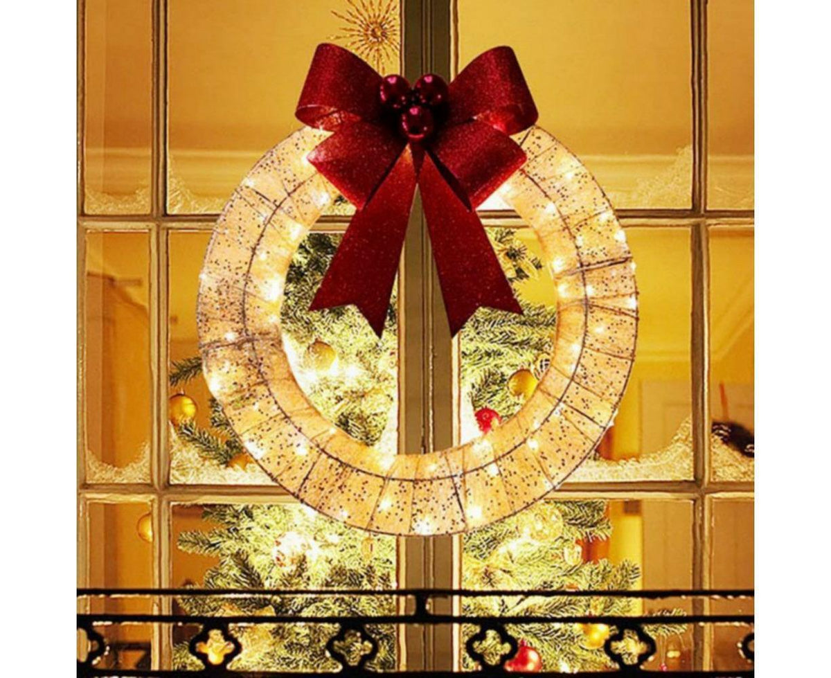 Outdoor Christmas Wreath Decoration, LED Metal Holiday Decor for Home Exterior, Garden - Gold 50CM