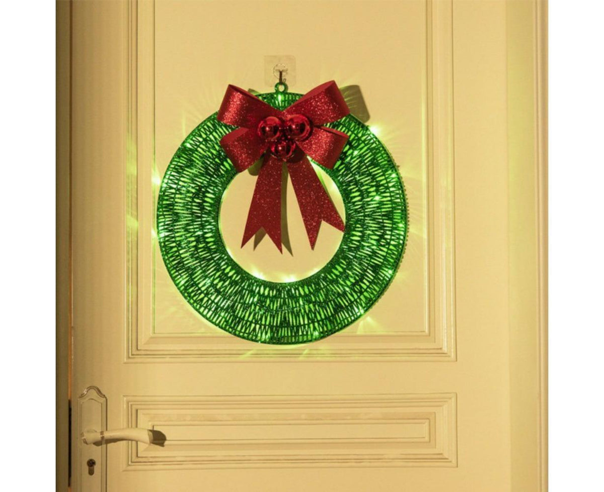 Outdoor Christmas Wreath Decoration, LED Metal Holiday Decor for Home Exterior, Garden - Green 50CM