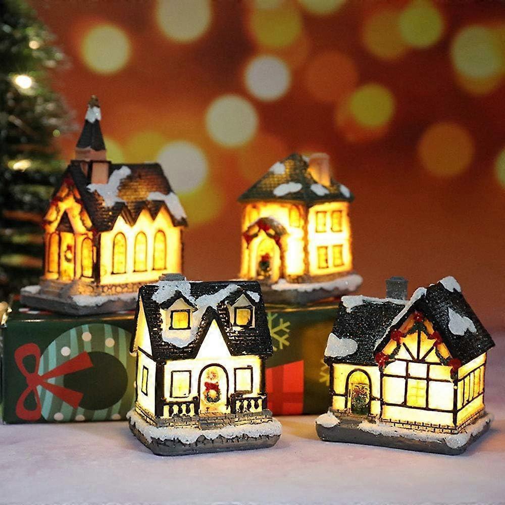 Christmas Scene Village Houses LED Christmas Decorations Resin Snow House with Warm White Light Battery Powered