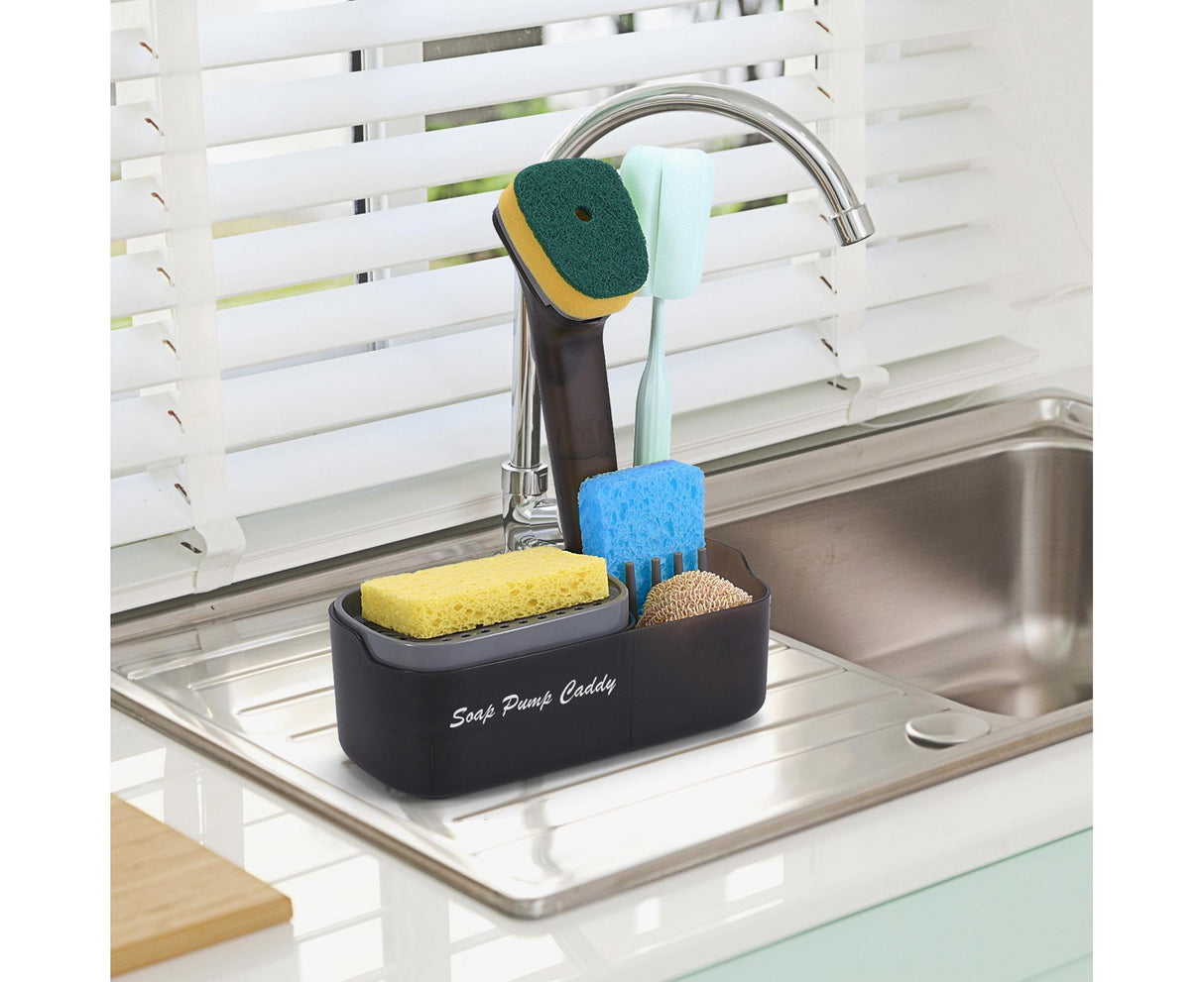 3-in-1 Multi-functional Soap Box with Sponge Holder Hollow Drain Pan Instant Refill Countertop Sink Dish Washing Liquid Soap Dispenser for Kitchen