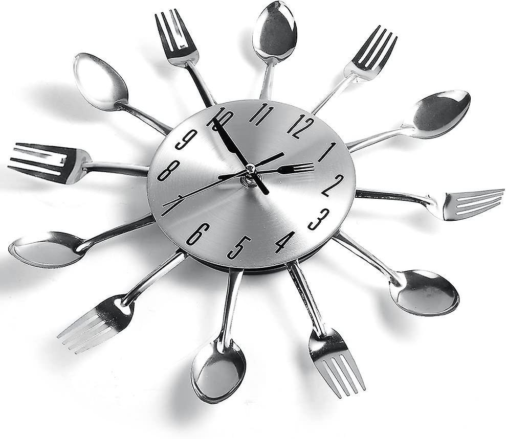 Stainless Steel Kitchen Utensils Clock For Kitchen Indoor And Outdoor Kitchen Cutlery Silver Wall Clock With Tinted Forks Spoons Spatula