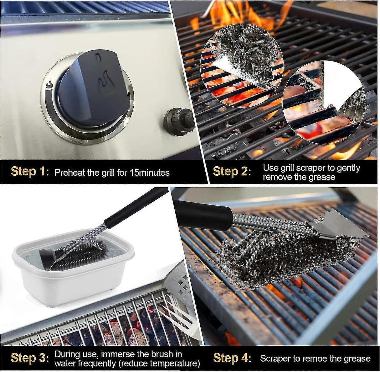 3-In-1 BBQ Grill Brush with Stainless Steel Bristles & Scraper - 45cm