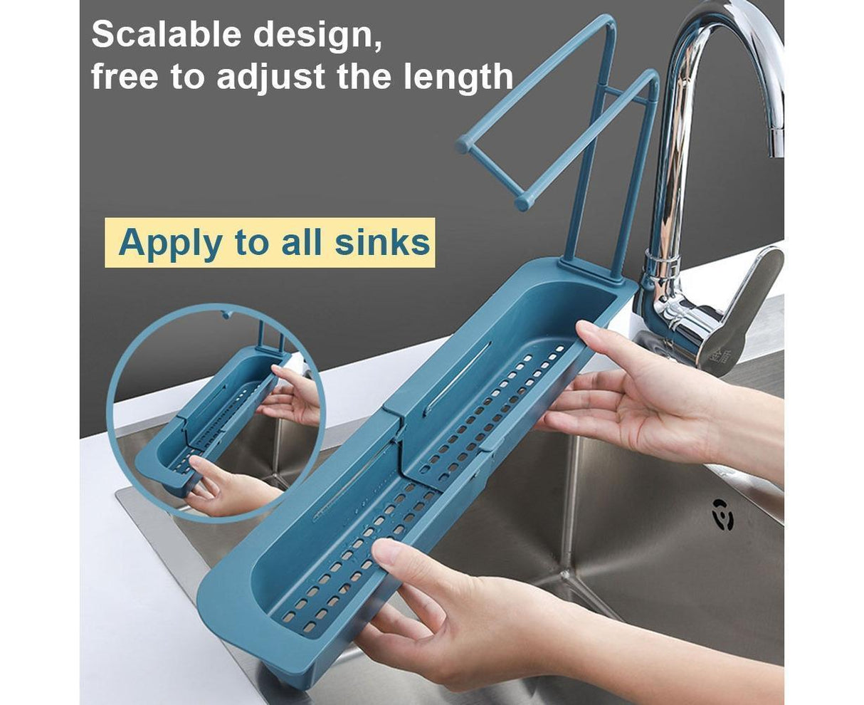 Home Kitchen Telescopic Sink Storage Tray Rack Holder Expandable Drain Basket-Blue
