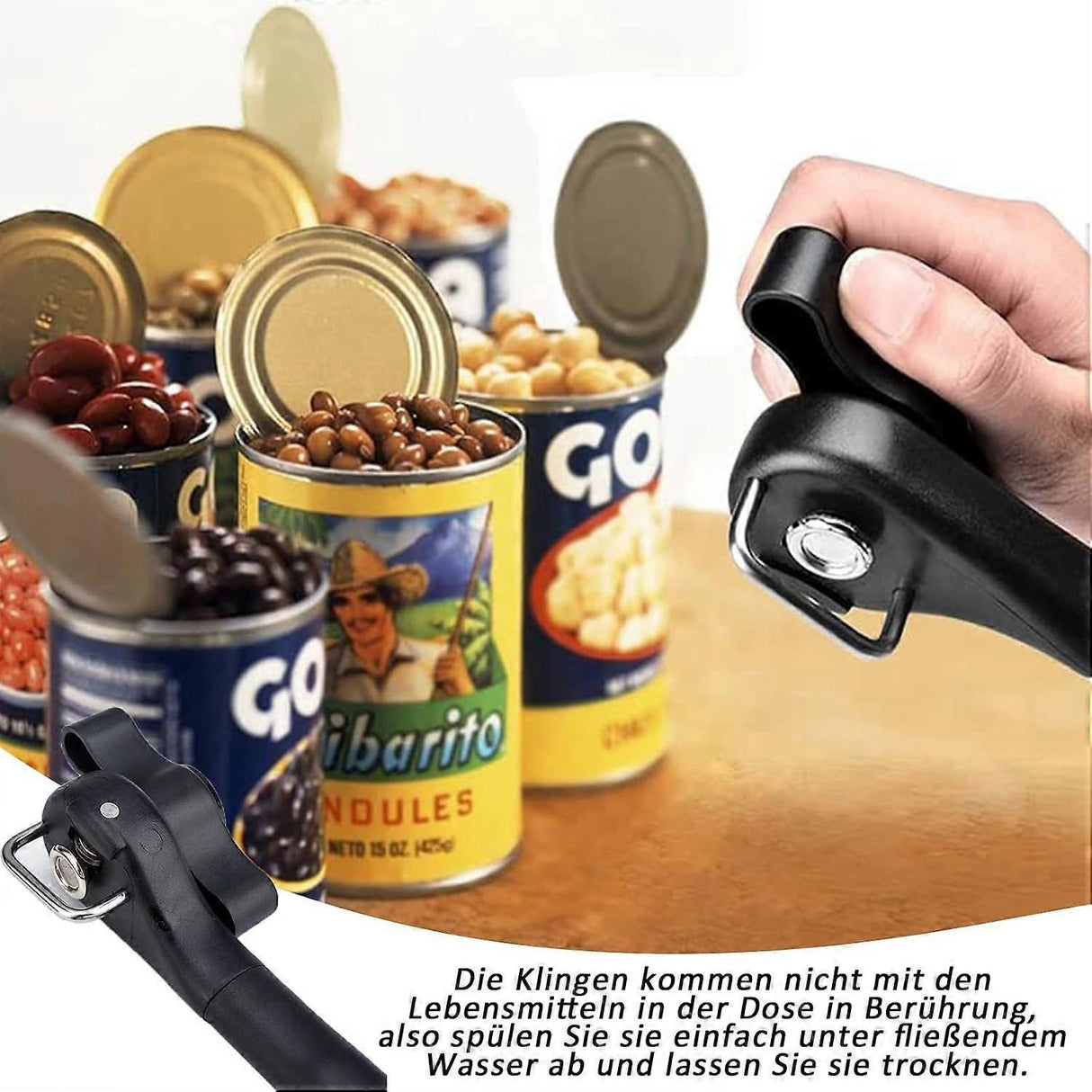Manual Stainless Steel Can Opener, No Sharp Edges, Black, Restaurant & Kitchen Use
