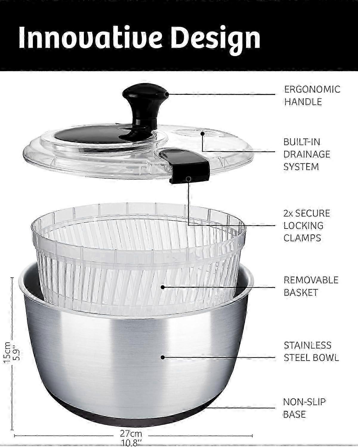 Large Stainless Steel Salad Spinner Easy Compact Kitchen Tool