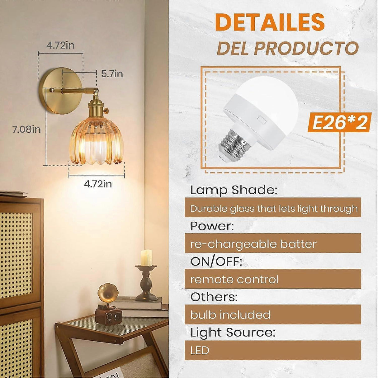 Battery Operated Wall Sconce Set of 2, Vintage Gold Amber Glass, Rechargeable LED, Remote