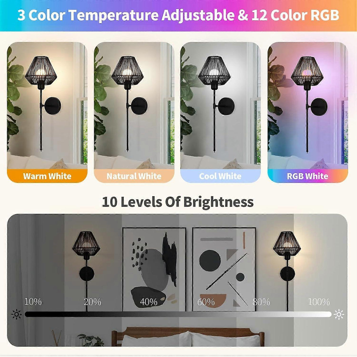Battery Operated Wall Sconces Set of 2, Boho Rattan LED, Rechargeable, Remote, RGB Dimmable