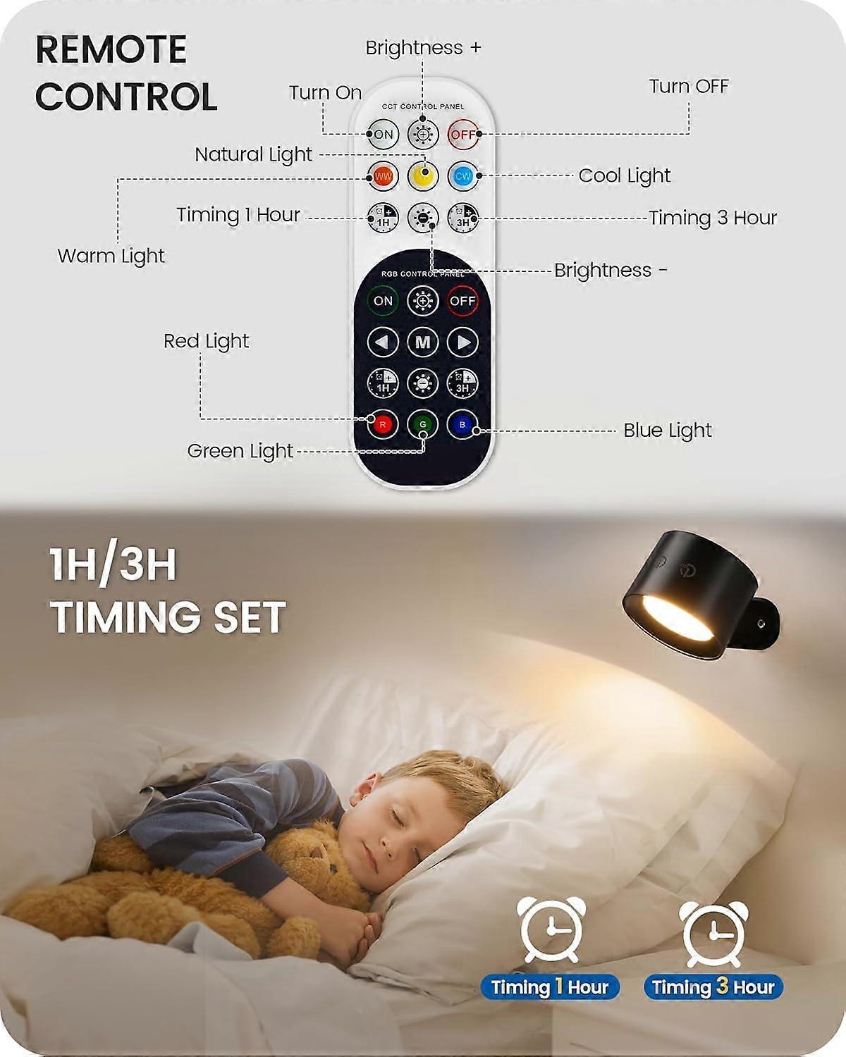 Battery Operated Wall Sconce Set of 2, Rechargeable RGB LED Lights, Remote, Black