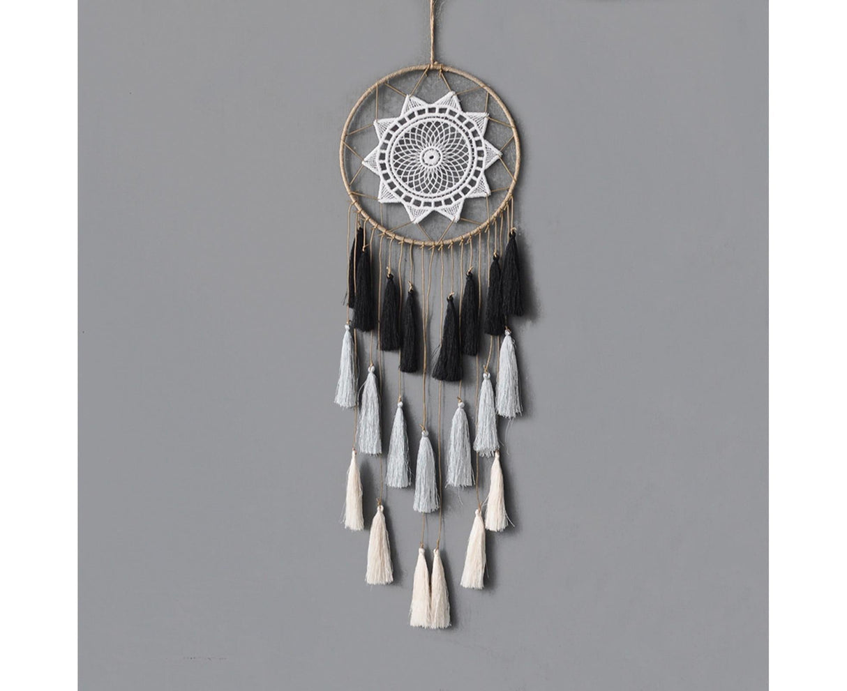 Round Handmade Wall Hanging Wind Chime Dream Catcher with Tassel Home Decor-White