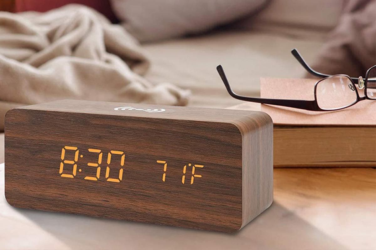 Digital Alarm Clock Wooden Table Desk Bedside LED Clock with Wireless Charger -Light Wood