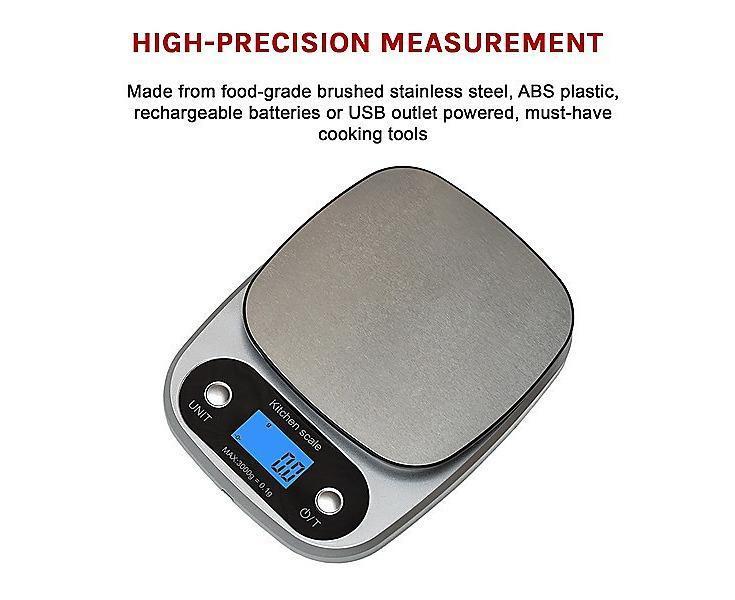0.1g High Precision Kitchen Scale Rechargable Food Scale Digital 3KG One Size
