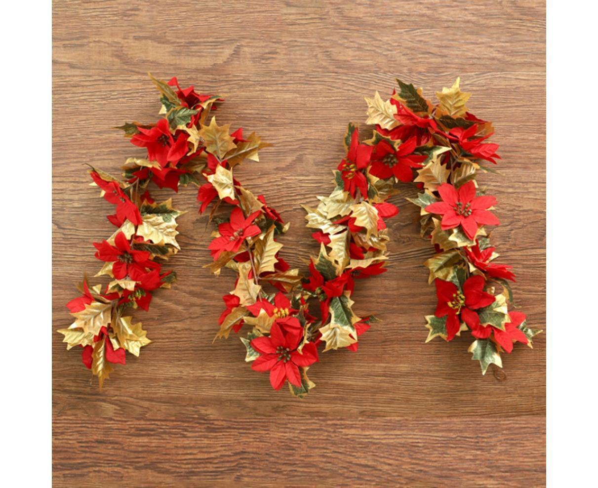 1.8m Artificial Christmas Red Flower Cane Vine Rattan Home Garden Xmas Decor-Golden+Red
