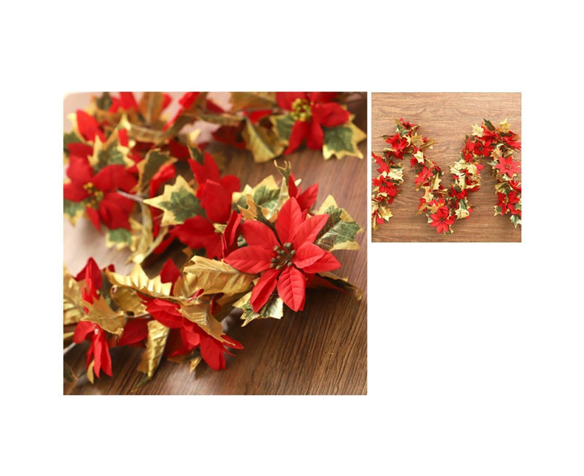 1.8m Artificial Christmas Red Flower Cane Vine Rattan Home Garden Xmas Decor-Golden+Red