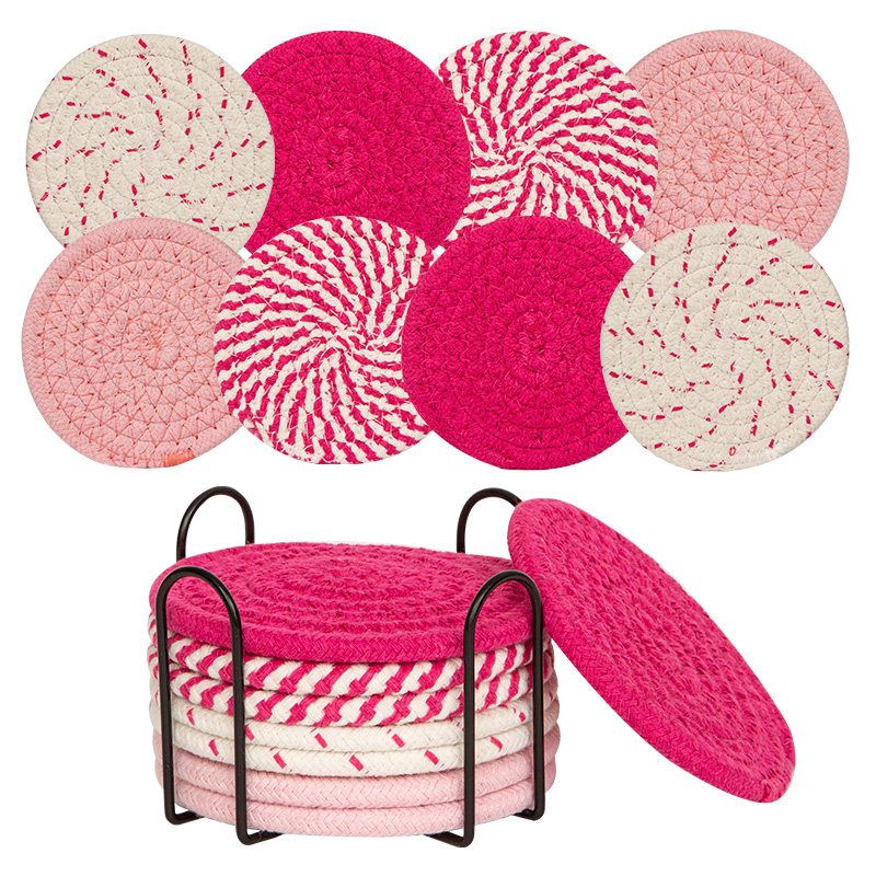 INS Style Round Cotton Woven Heat-Resistant Coasters, 8-Piece Set of Thick Table and Pot Mats with Free Iron Storage Rack - Pink