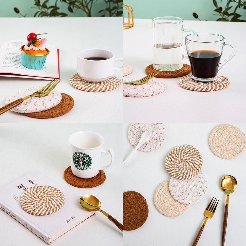 INS Style Round Cotton Woven Heat-Resistant Coasters, 8-Piece Set of Thick Table Pot Mats with Free Iron Storage Rack—Gray-Brown