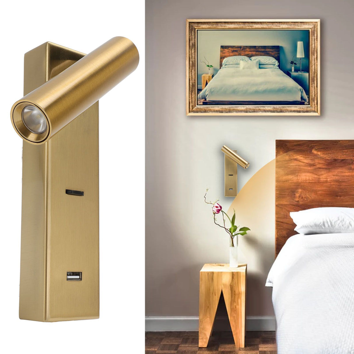 LED Wall Mounted Reading Light Simple Rechargeable Adjustable Angle Bedroom Wall Lamp for Hotel Bedroom 100V‑240V Warm Light