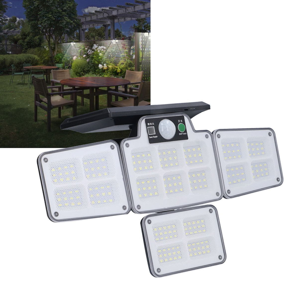 LED Solar Lights Outdoor 4 Adjustable Heads Motion Sensor Light 450LM 3 Modes Wide Angle Wall Light for Garden Pathway