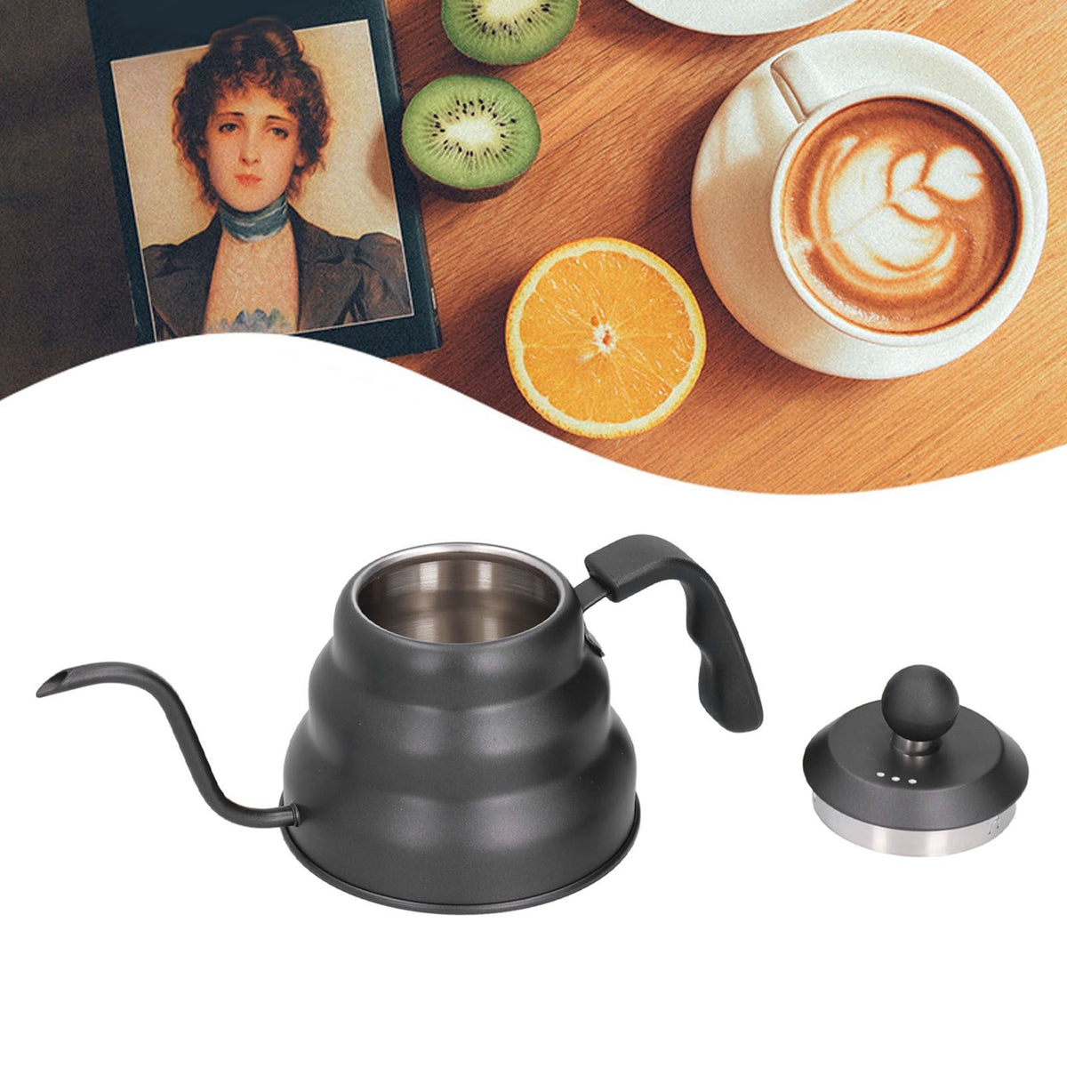 PTFE Stainless Steel Tea Pot Coffee Kettle Gooseneck Spout Pour Over Coffee Maker Drip Kettle Black1L