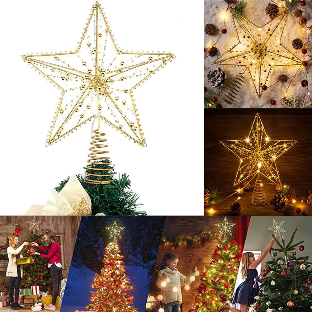 Christmas Tree Topper Star with LED String Light Glitter Christmas Tree Top Star Lamp for Christmas Home Decoration