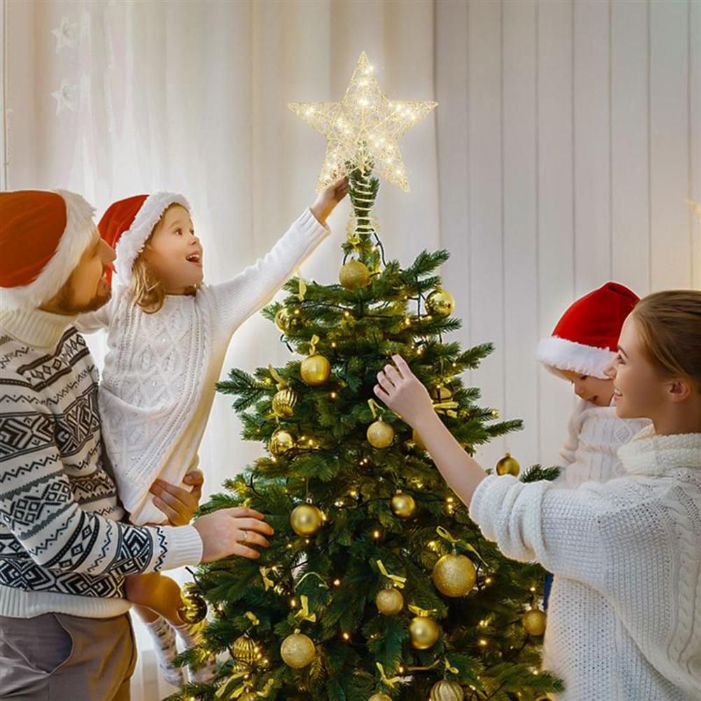 Christmas Tree Topper Star with LED String Light Glitter Christmas Tree Top Star Lamp for Christmas Home Decoration
