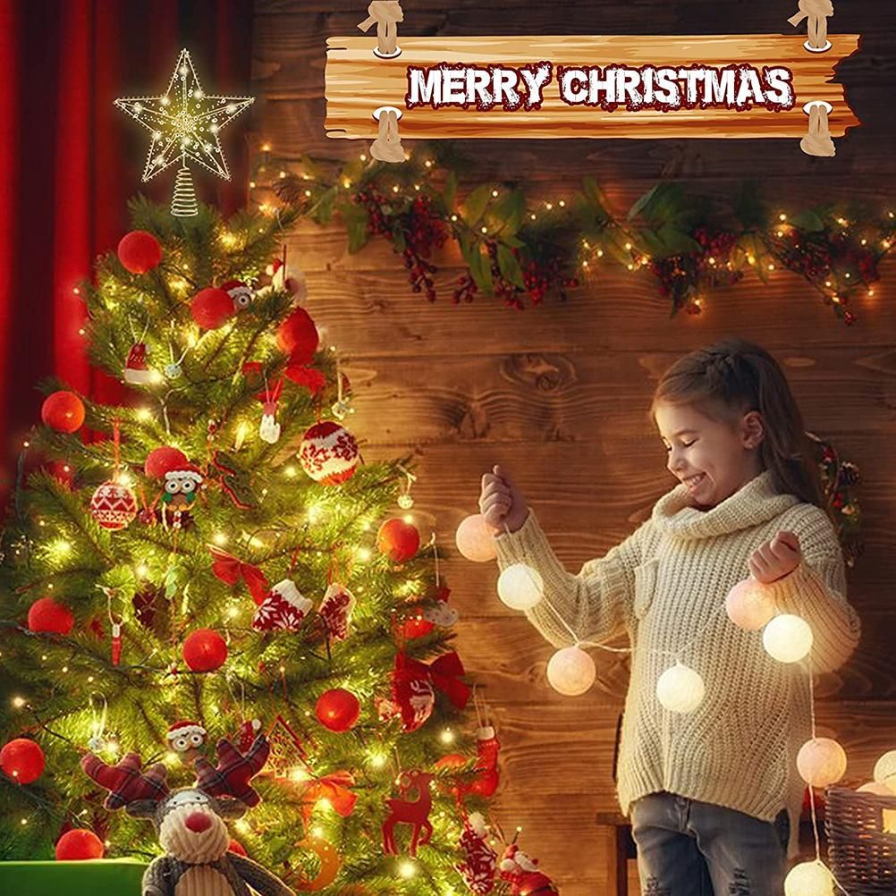 Christmas Tree Topper Star with LED String Light Glitter Christmas Tree Top Star Lamp for Christmas Home Decoration