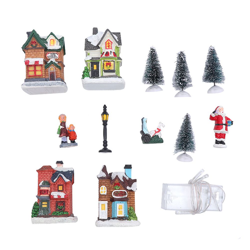Christmas Village Set Resin Christmas Scene Village LED Lighted Miniature Houses Town Christmas Village Houses Gift
