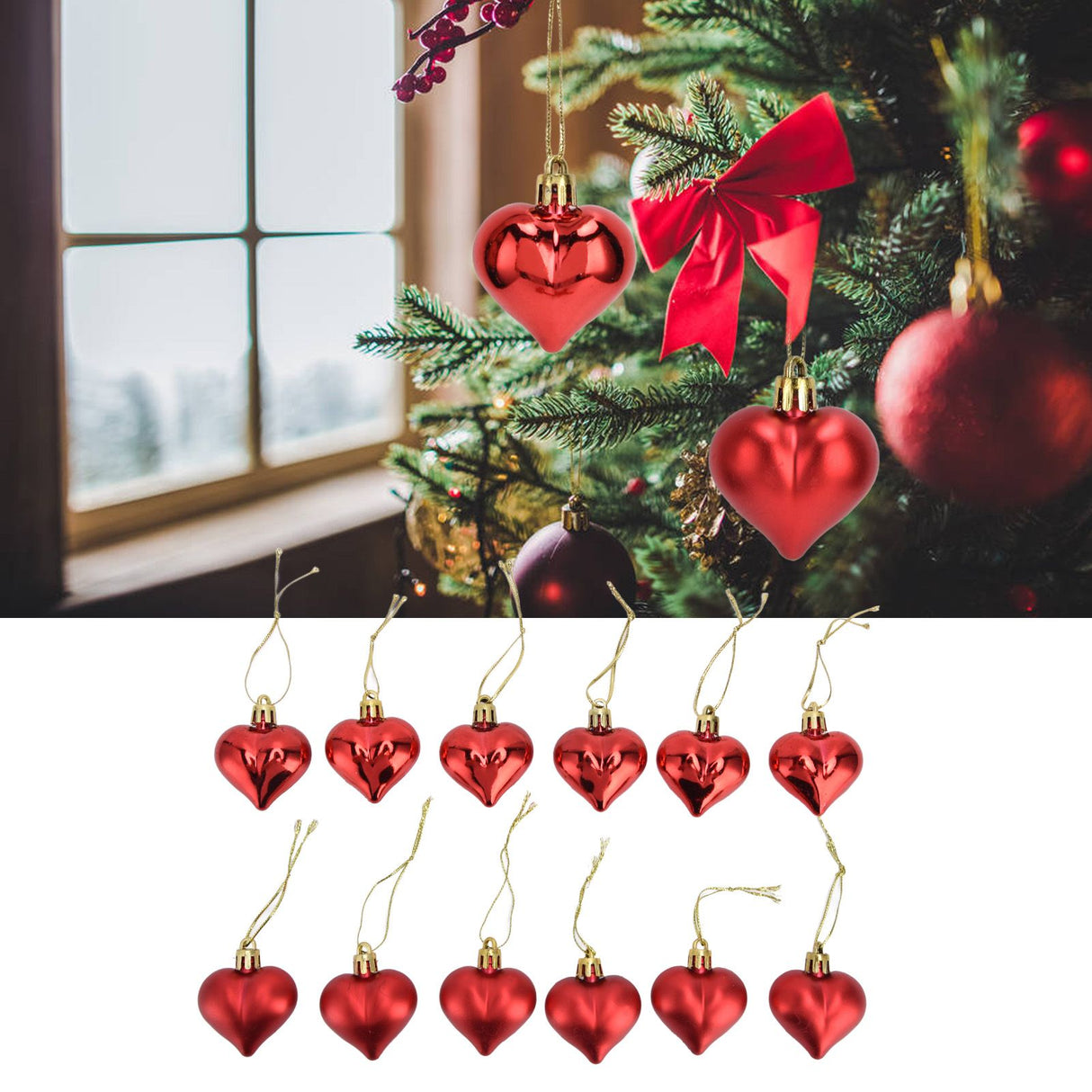 12pcs Christmas Ornament Heart Shape PVC Christmas Tree Hanging Decorations for Valentine's Day PartyRed