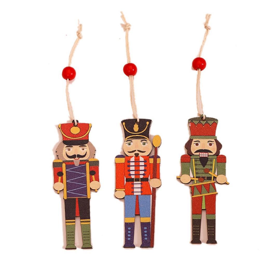 9Pcs Christmas Walnut Soldier Wooden Pendant Colorful Printed Wooden Pendant Christmas Tree Holiday Party Decorations