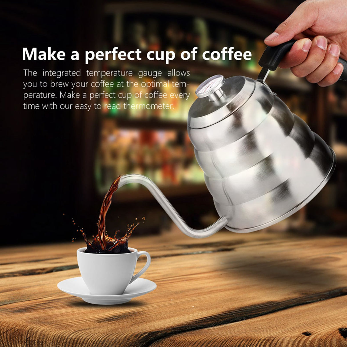 304 Stainless Steel Pour Over Coffee Gooseneck Kettle Teapot with Thermometer Home 1.2L