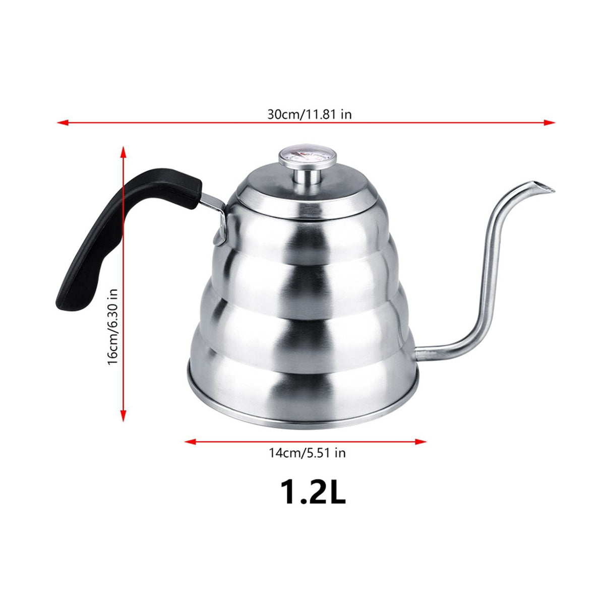 304 Stainless Steel Pour Over Coffee Gooseneck Kettle Teapot with Thermometer Home 1.2L