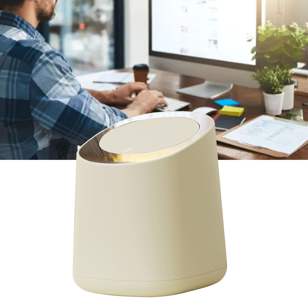 Desk Trash Can Large Capacity Modern Table Waste Bin with Press Opening Lid for Living Room Car Office