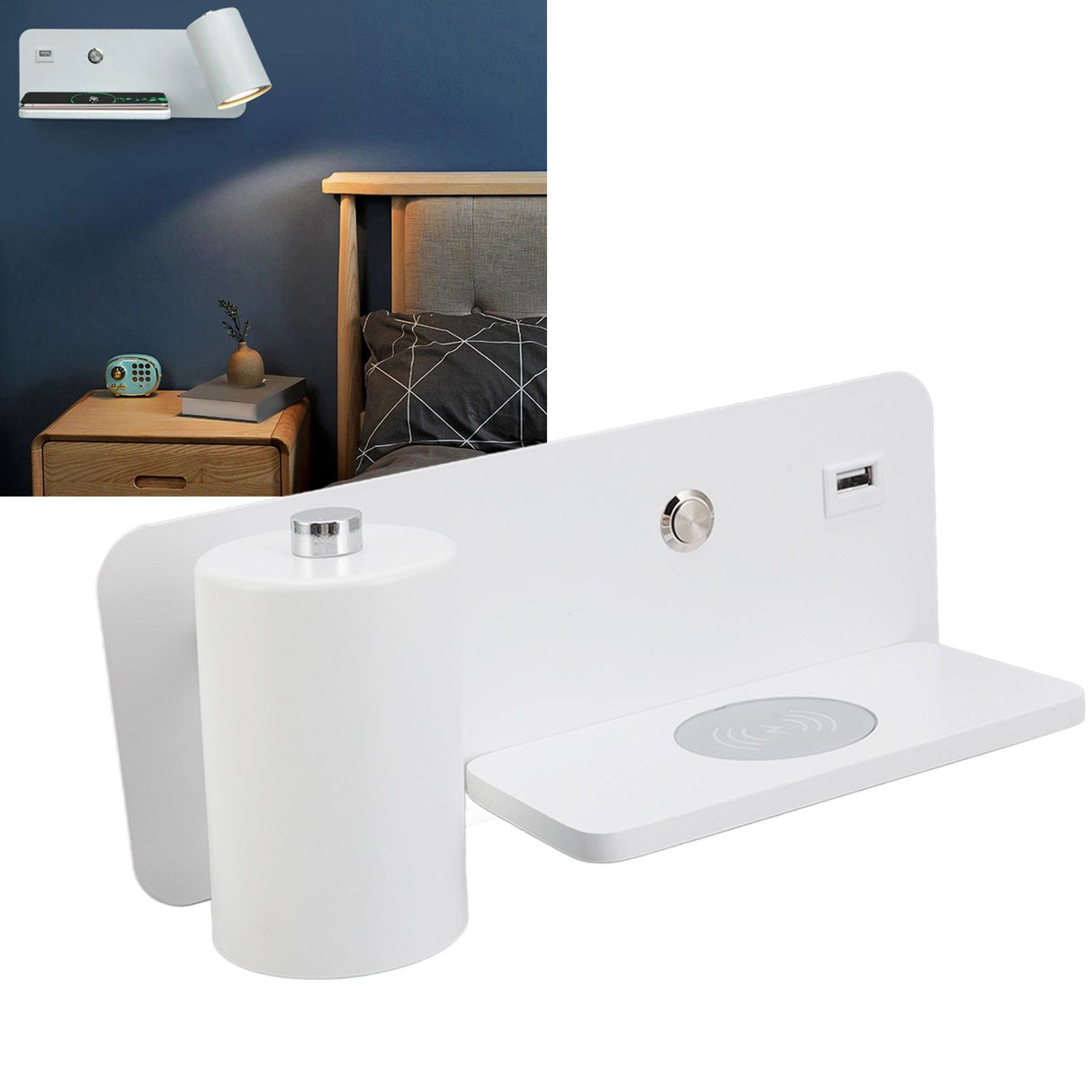 LED Wall Light USB Interface Wireless Charging LED Wall Lamp for Living Room Bedroom 85‑265V White Left