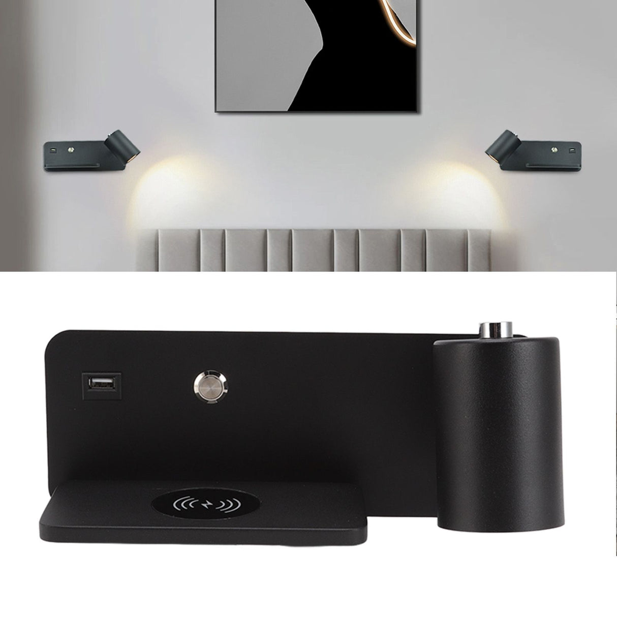 LED Wall Light USB Interface Wireless Charging LED Wall Lamp for Living Room Bedroom 85‑265V Black Right