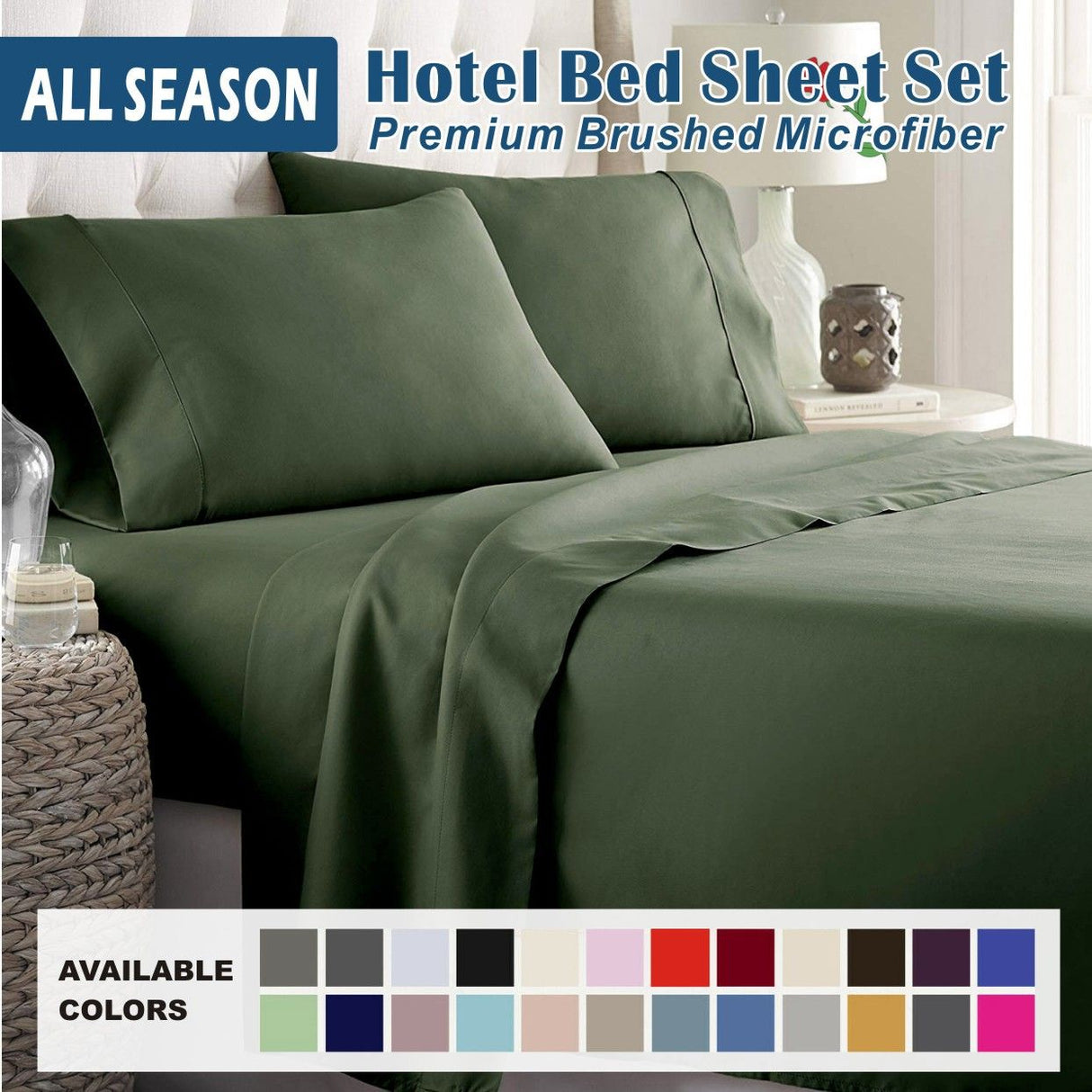 4 Piece Bed Sheet Set- Bedding Sheets & Pillowcases -Breathable Bedding - Wrinkle, Fade, Stain Resistant-Deep Pocket Flat Fitted Bed Sheet Set(Olive green,King)