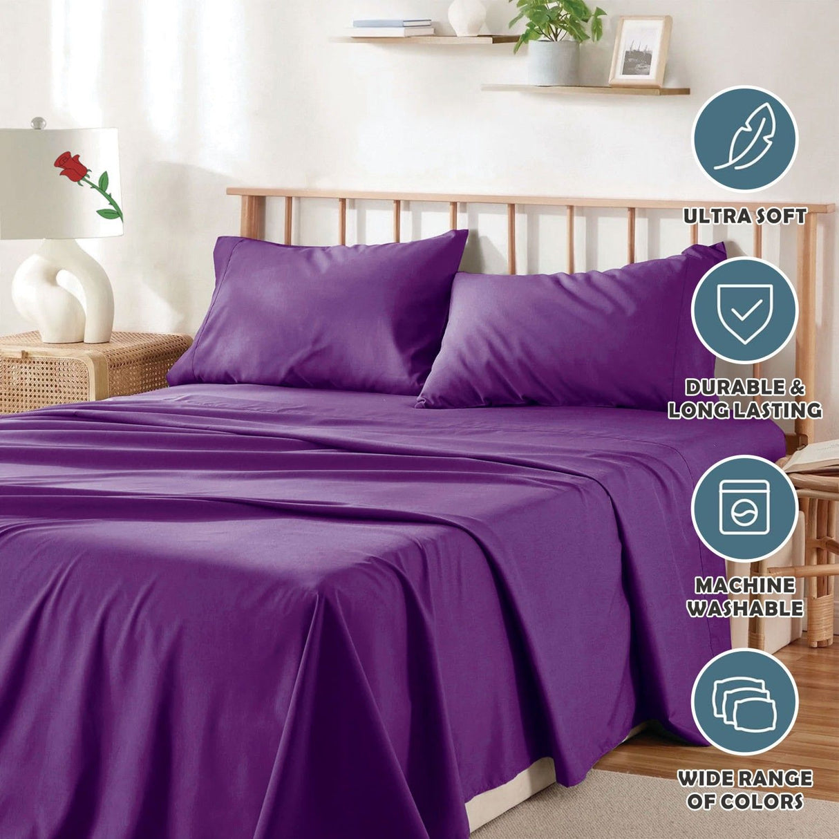 4 Piece Bed Sheet Set- Bedding Sheets & Pillowcases -Breathable Bedding - Wrinkle, Fade, Stain Resistant-Deep Pocket Flat Fitted Bed Sheet Set(Purple,King)