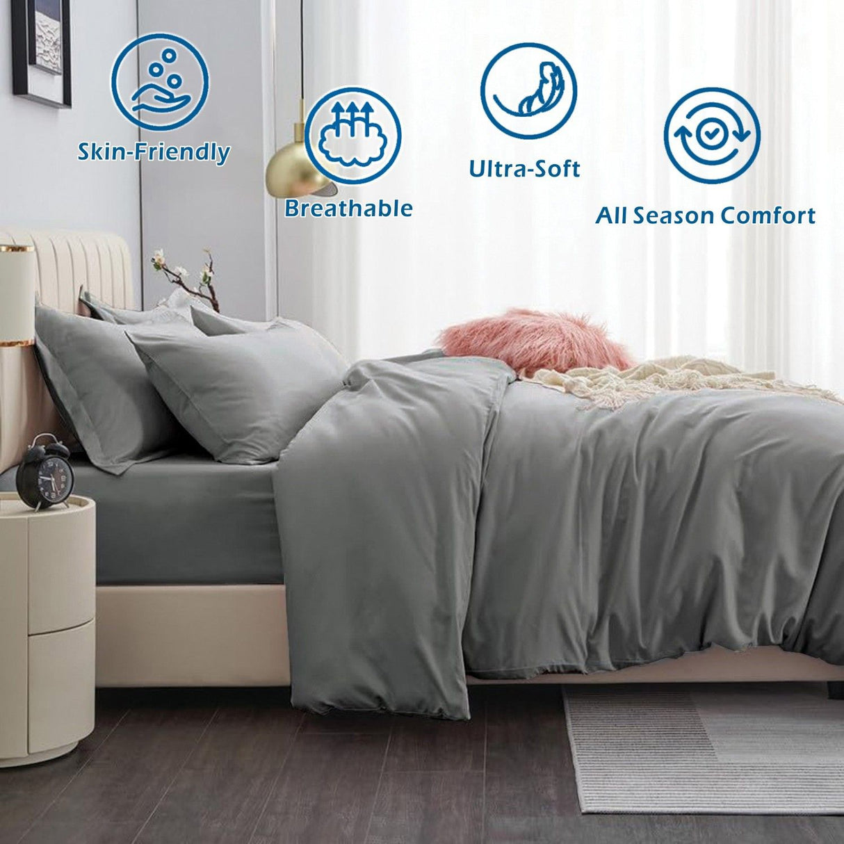2 Piece Hotel Soft Microfiber Quilt Cover Set-2000TC Duvet/Donna Cover Set & Pillowcases -1 Quilt Cover Zipper Closure & 1 x Pillowcases-Breathable Bedding - Wrinkle, Fade, Stain Resistant(Grey,Single)