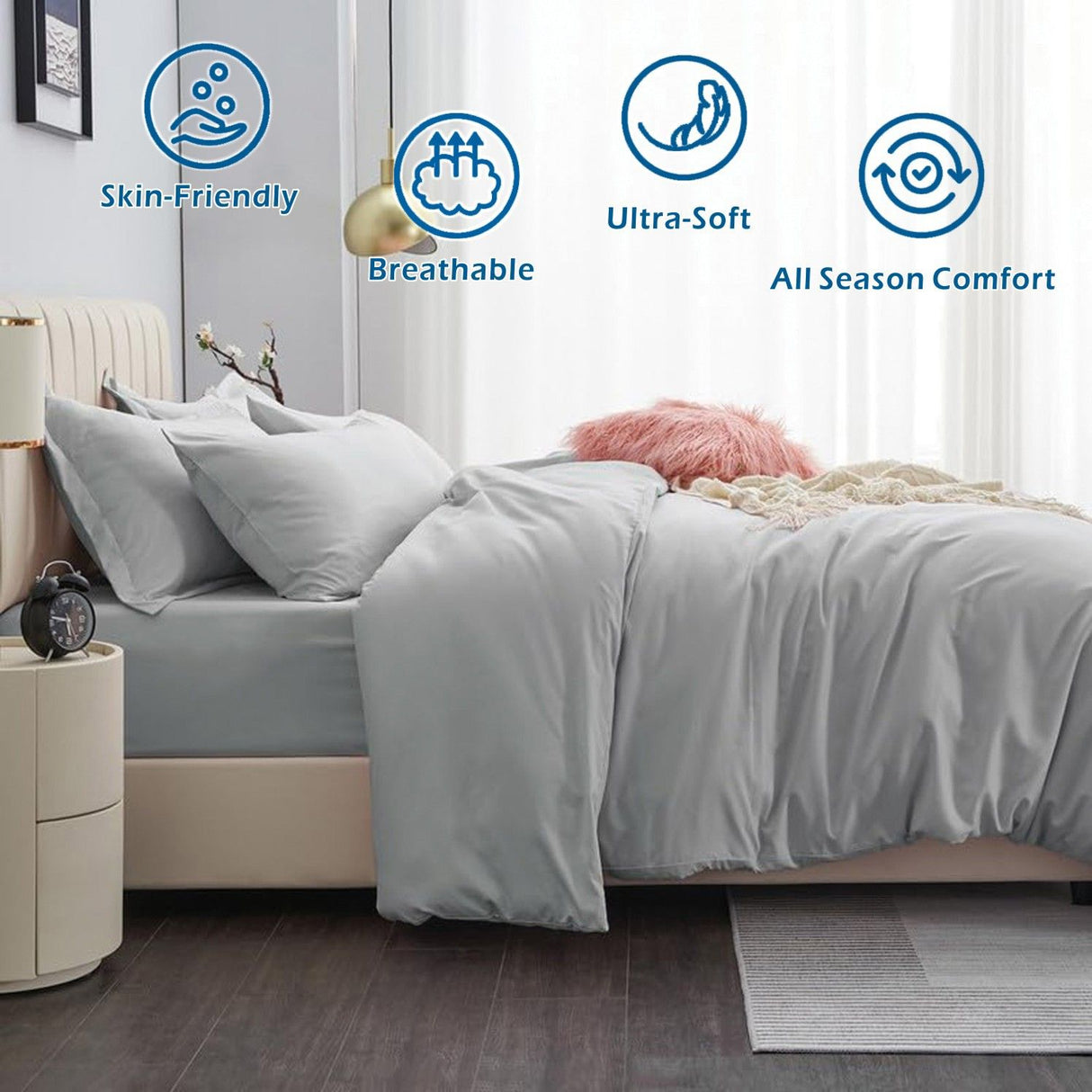 2 Piece Hotel Soft Microfiber Quilt Cover Set-2000TC Duvet/Donna Cover Set & Pillowcases -1 Quilt Cover Zipper Closure & 1 x Pillowcases-Breathable Bedding - Wrinkle, Fade, Stain Resistant(Silver-gray,Single)