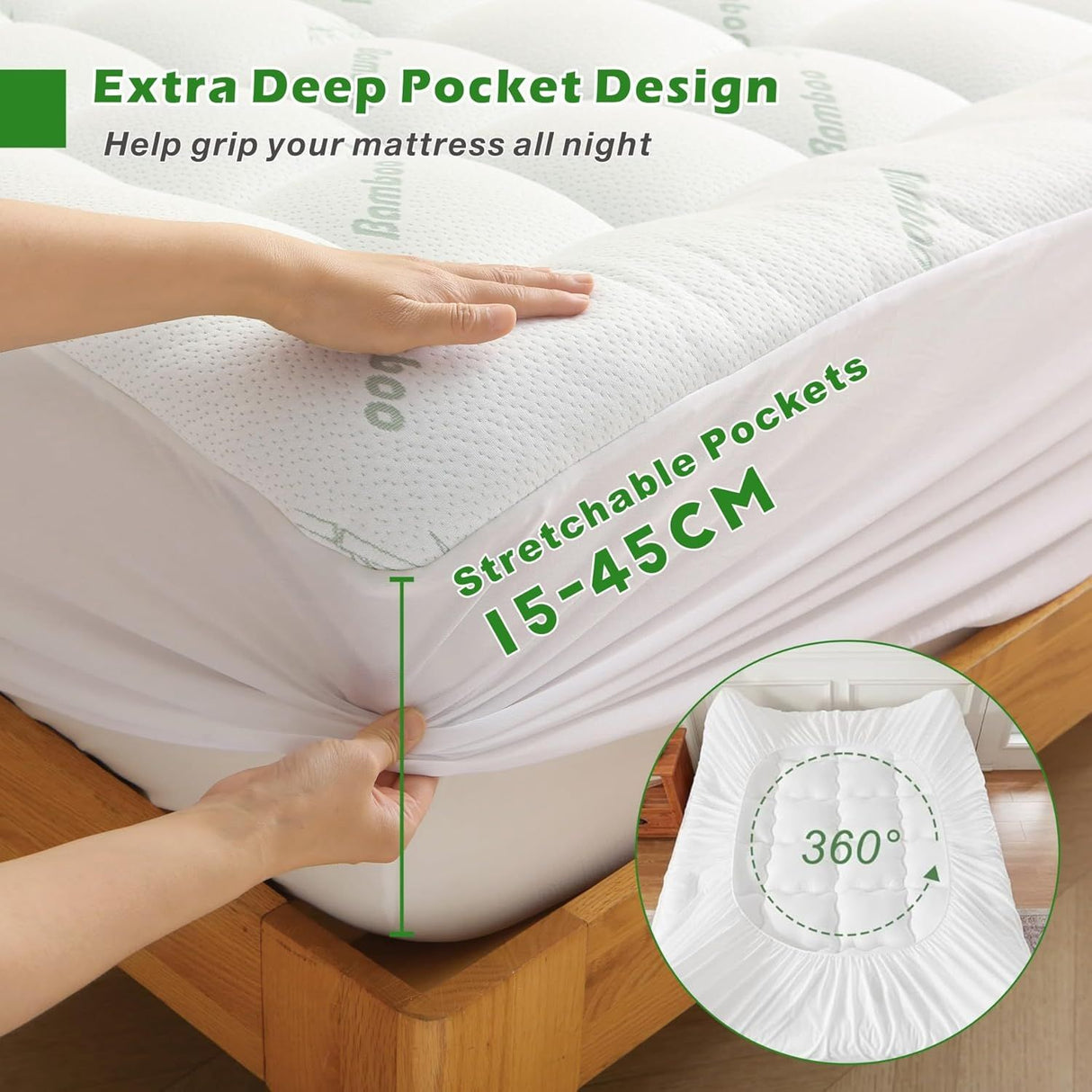 800GSM Mattress Topper Viscose Derived from Bamboo, Thick Pillowtop Fitted Mattress Cover with 45cm Deep Skirt - Machine Washable Hypoallergenic(Single,Green)