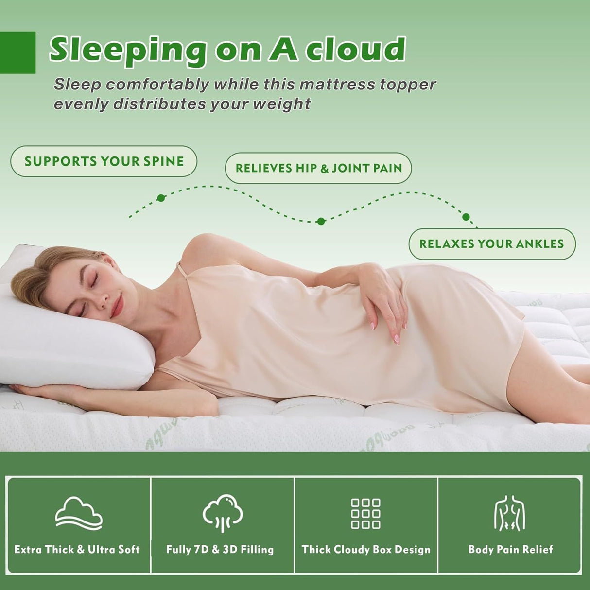 800GSM Mattress Topper Viscose Derived from Bamboo, Thick Pillowtop Fitted Mattress Cover with 45cm Deep Skirt - Machine Washable Hypoallergenic(Single,Green)