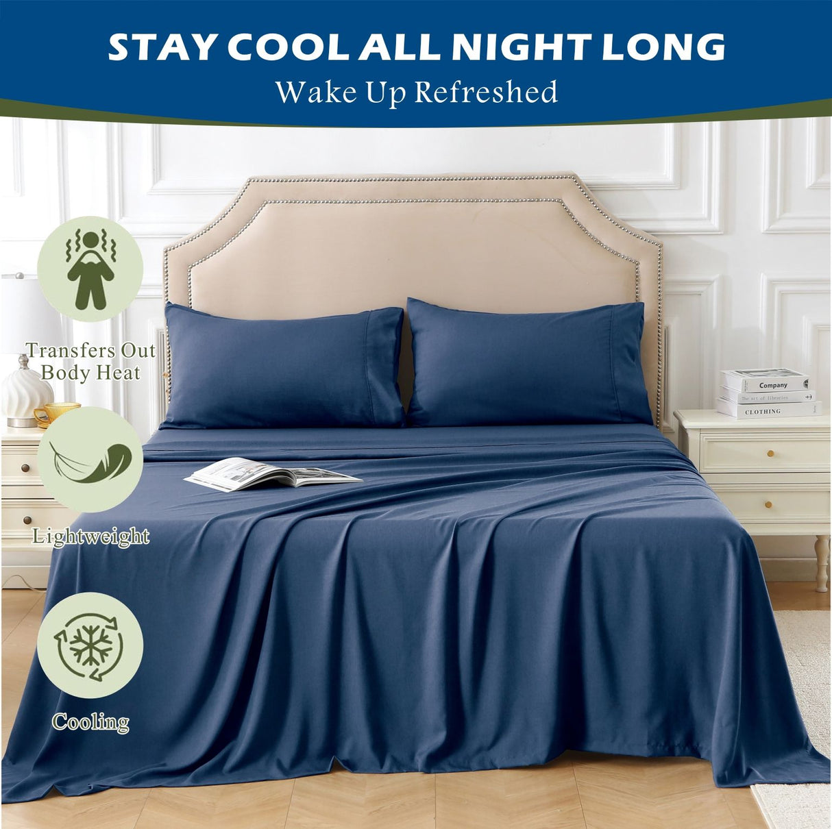 3 Piece Hotel Bamboo Cooling Sheet Set -Ultra Soft 2000TC Breathable Bed Sheets Set with 37 Centimetre Deep Pocket-Cooling Sheets for Hot Sleepers(Navy,King Single)