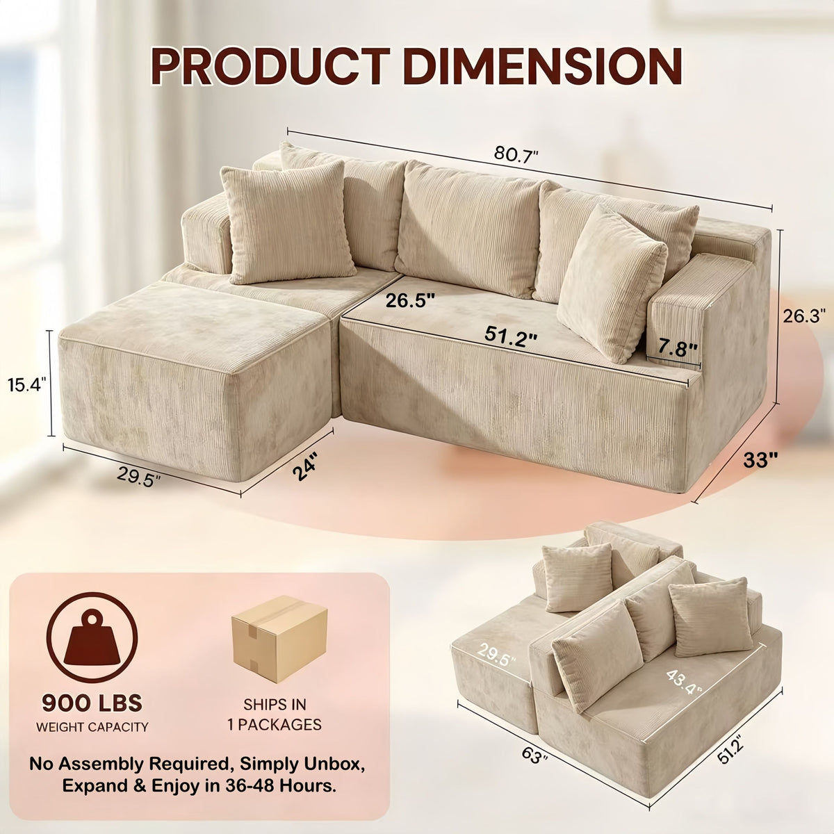 Couch Modular Sectional 3 Seater Sofa L-Shaped Khaki,81" Boneless Sofa Bed, Deep Seat and Side Pockets,Breathable Cheneille, High Density Pure Sponge,No Assembly Needed