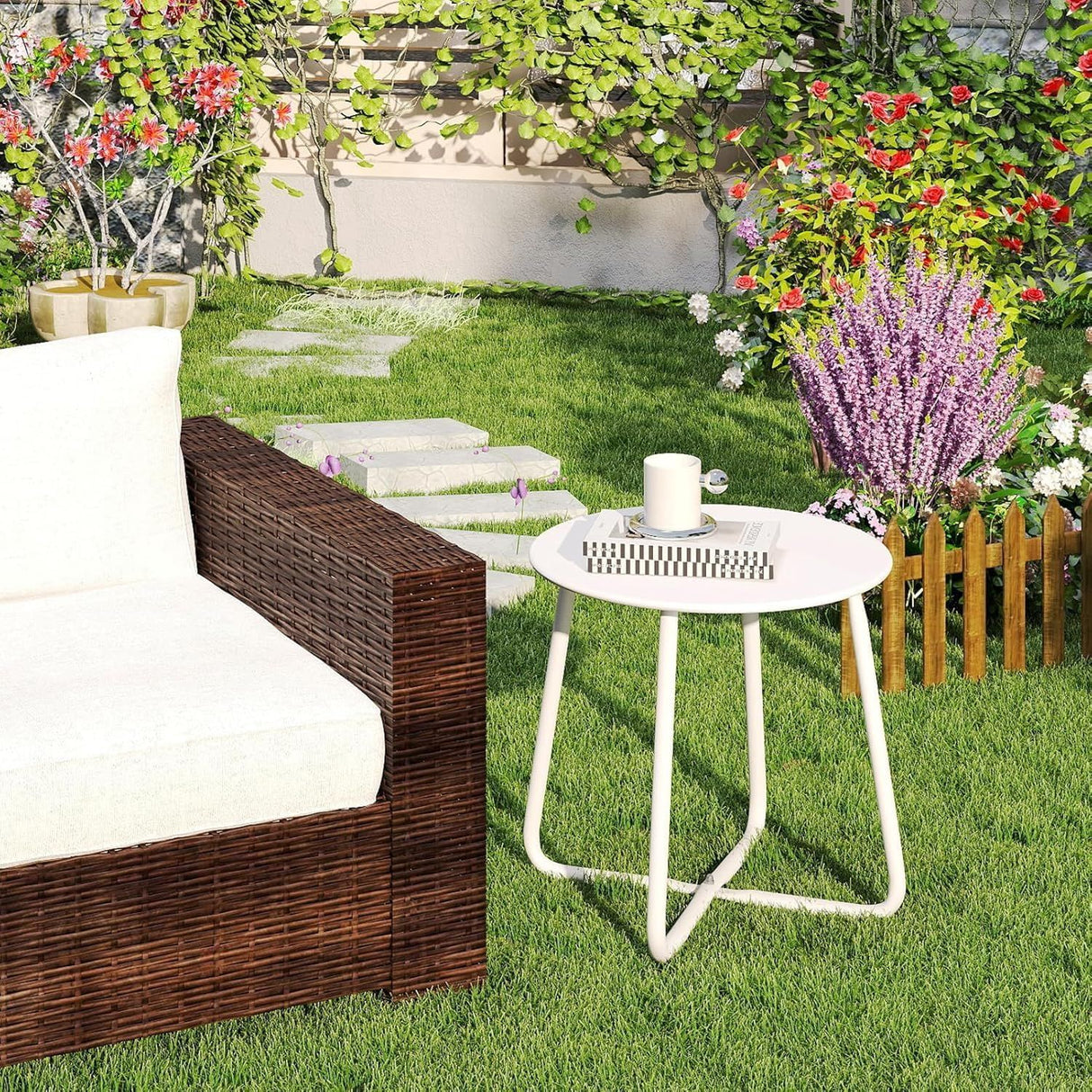 Metal Outdoor Side Table – Round Patio Table, Rust-Resistant Small End Coffee Table for Balcony, Garden, Porch, Living Room & Bedroom – Portable Accent Table for Indoor Outdoor Use, White