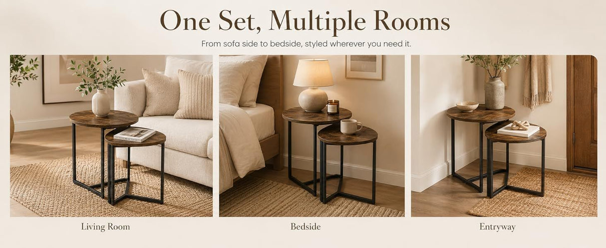 Nesting Side Tables Set of 2, Round End Tables with Rustic Brown Wood Look Top and Black Metal Frame, Space Saving Accent Coffee Tables for Living Room, Bedroom, Sofa Side, Bedside, Small Spaces