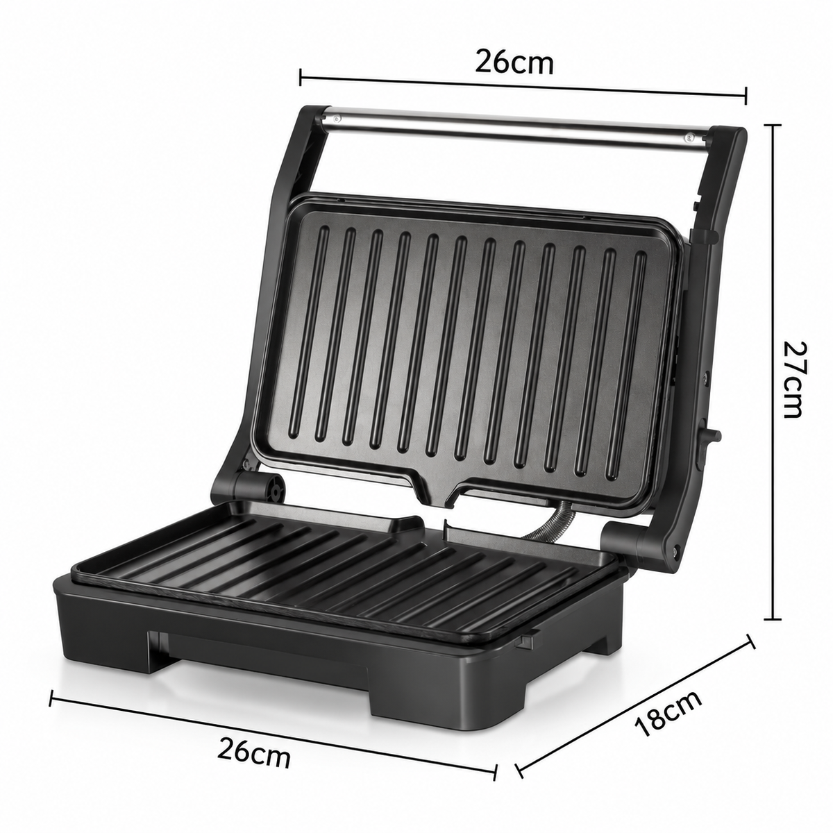 1000W Electric Indoor Grill and Panini Press with Non-Stick Double-Sided Plates, 180-Degree Open Flat Design for Steaks, Skewers, Sausages and Sandwiches, Compact Countertop Cooking Appliance for Everyday Home Meals (Silver)
