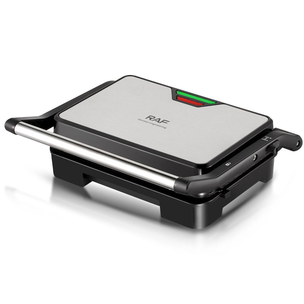 1000W Electric Indoor Grill and Panini Press with Non-Stick Double-Sided Plates, 180-Degree Open Flat Design for Steaks, Skewers, Sausages and Sandwiches, Compact Countertop Cooking Appliance for Everyday Home Meals (Silver)