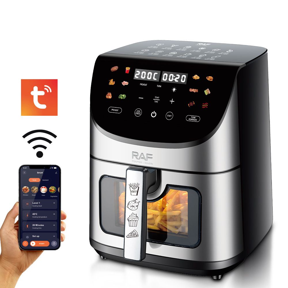 Smart Stainless Steel Air Fryer with Visible Glass Window, Touch and APP Control, Large Capacity for Oil-Free Cooking of Fries, Meat, Vegetables and Desserts in Home Kitchens (Silver)