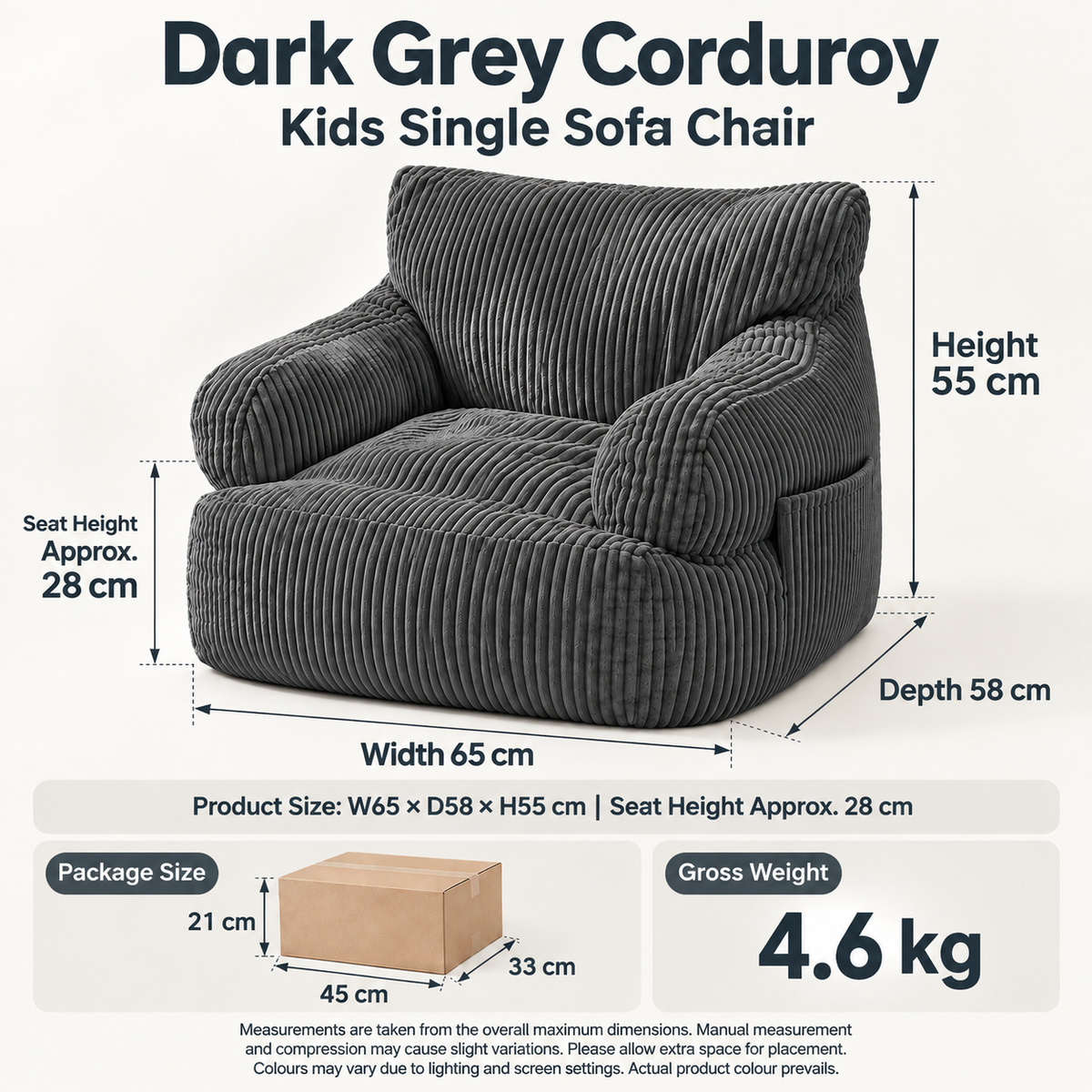 Kids Single Sofa Chair with Corduroy Fabric and Storage Pocket, Cozy Bean Bag Lounger for Children Bedroom and Home Reading Nook (DarkGrey)