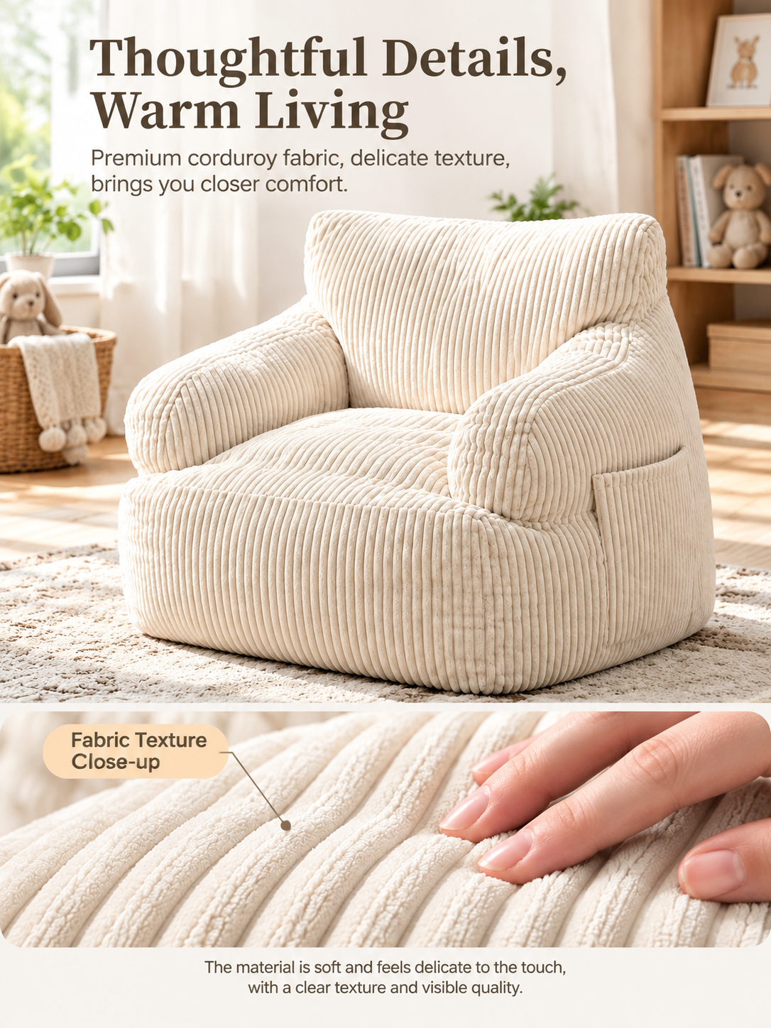 Kids Single Sofa Chair with Corduroy Fabric and Storage Pocket, Cozy Bean Bag Lounger for Children Bedroom and Home Reading Nook (DarkGrey)