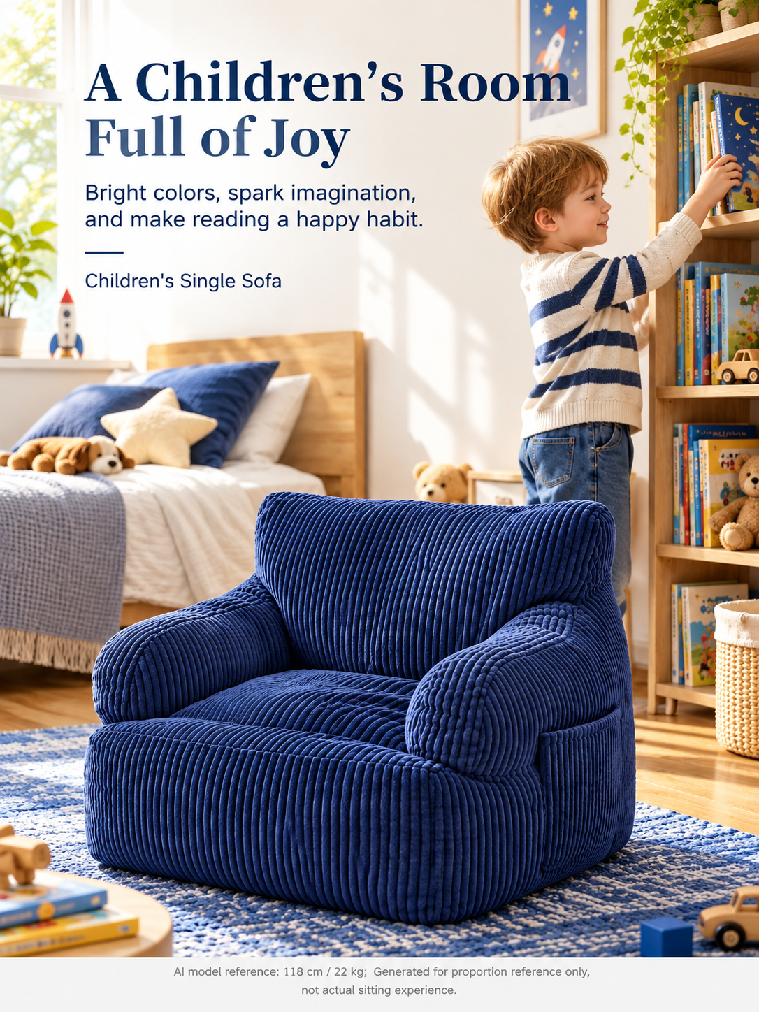 Kids Single Sofa Chair with Corduroy Fabric and Storage Pocket, Cozy Bean Bag Lounger for Children Bedroom and Home Reading Nook (Green)